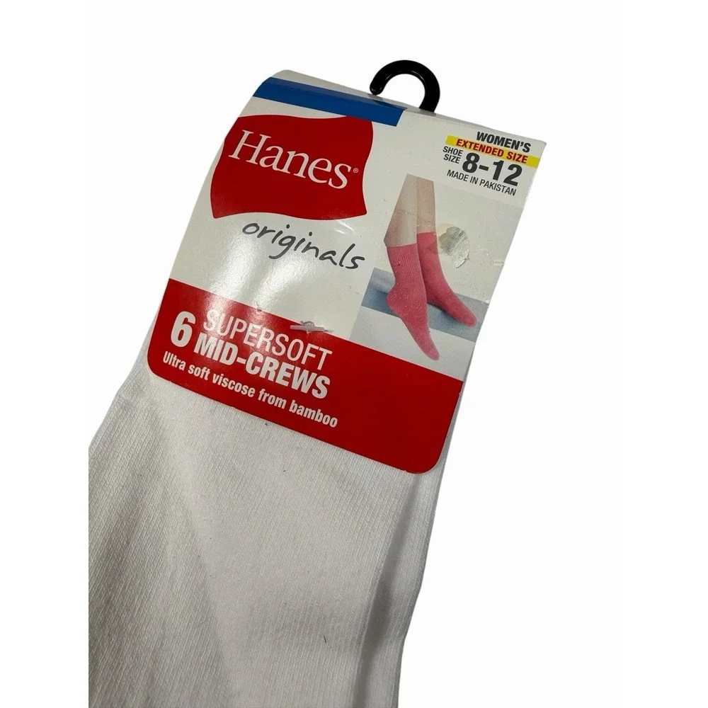 hanes 6 pairs womens super soft mid crew socks white size 8-12